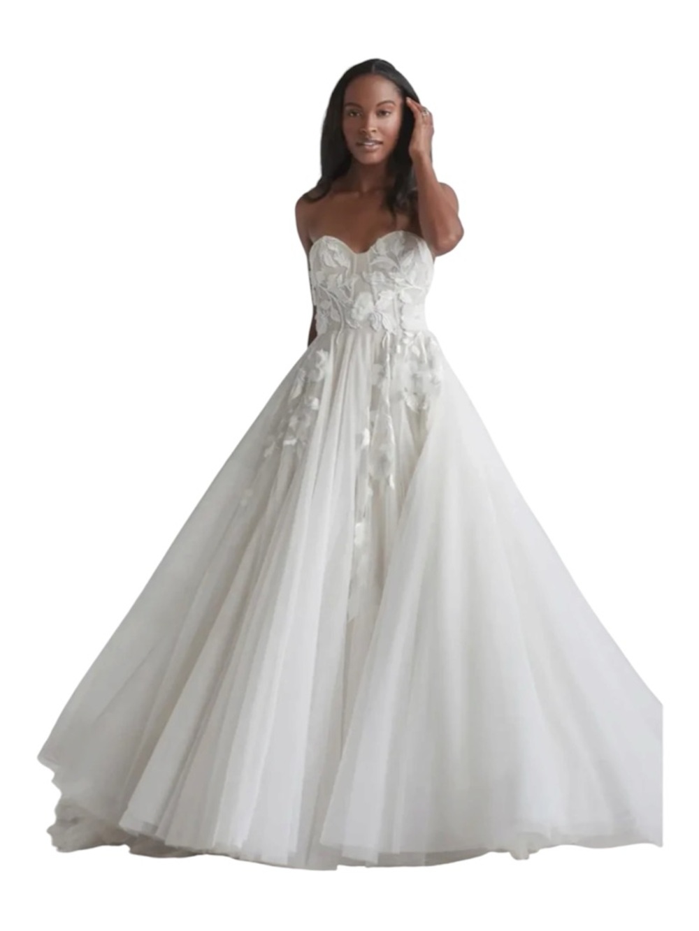 Watters Strapless White Sweetheart Ball Gown with Floral Appliqué